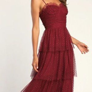 Lulus Sweetheart Style Burgundy Polka Dot Bustier Tiered Midi Dress
